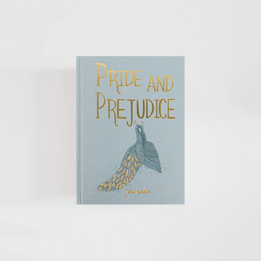 Portada de Pride and Prejudice de Jane Austen, edición Wordsworth Collector’s Edition en azul claro, con un pavo real ilustrado y detalles dorados.
