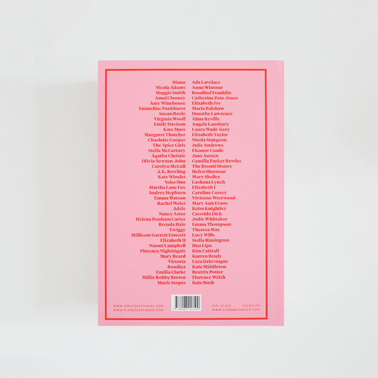 Contraportada del libro Reinas Unidas de Superbritánico rosa palo con lista de nombres de mujeres incluidas en el libro sobre fondo blanco.