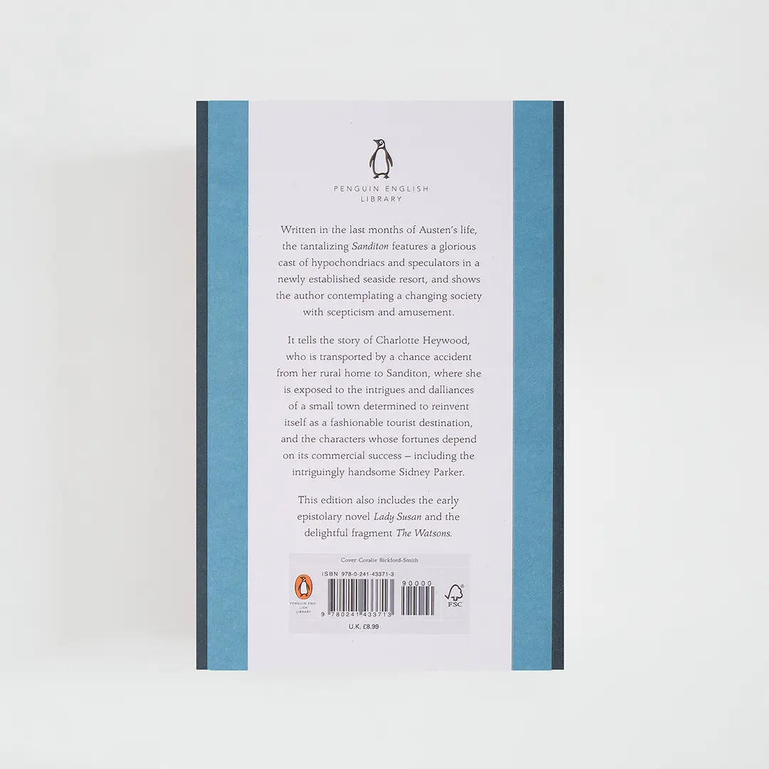 Trasera en tonos azules con sinopsis del libro en inglés Sanditon de Jane Austen de la colección Penguin English Library sobre fondo blanco.