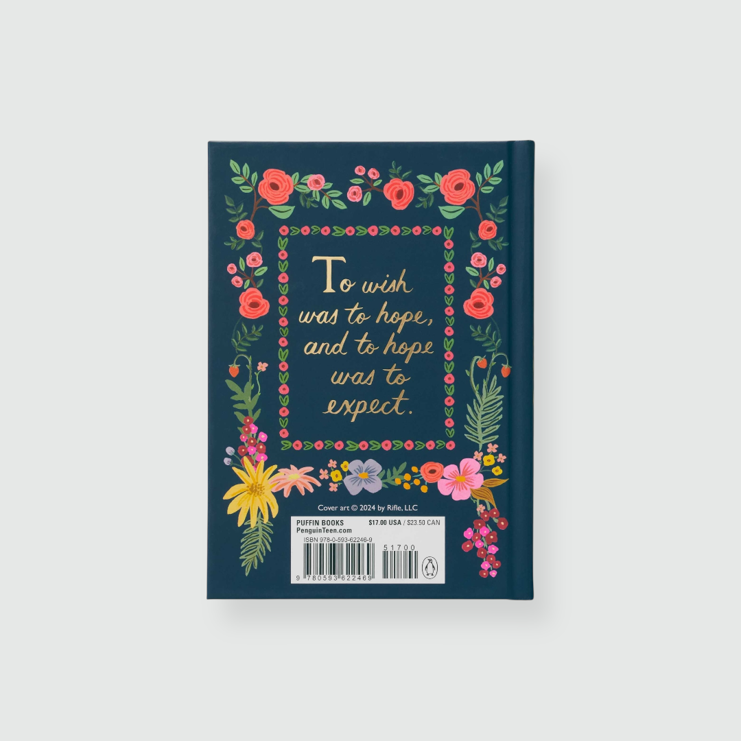 Contraportada del libro Sense and Sensibility de color azul con ilustraciones florales.