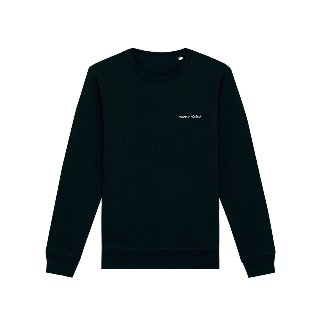 Frontal de la sudadera Stop Making drama you are not Shakespeare de color negro con bordado del logo de Superbritánico en color blanco roto.