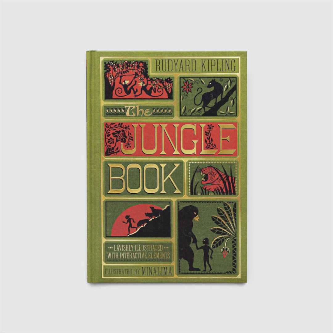Portada de The Jungle Book de Rudyard Kipling, edición ilustrada por MinaLima en verde con motivos de animales de la selva.