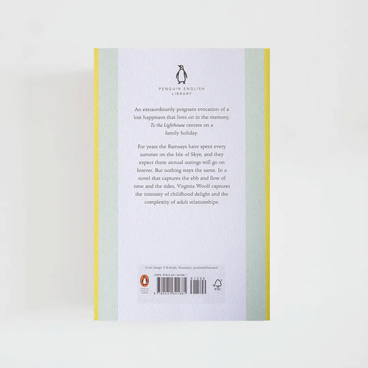 Trasera verde y amarillo con sinopsis del libro en inglés To the Lighthouse de Virginia Woolf de la colección Penguin English Library sobre fondo blanco.