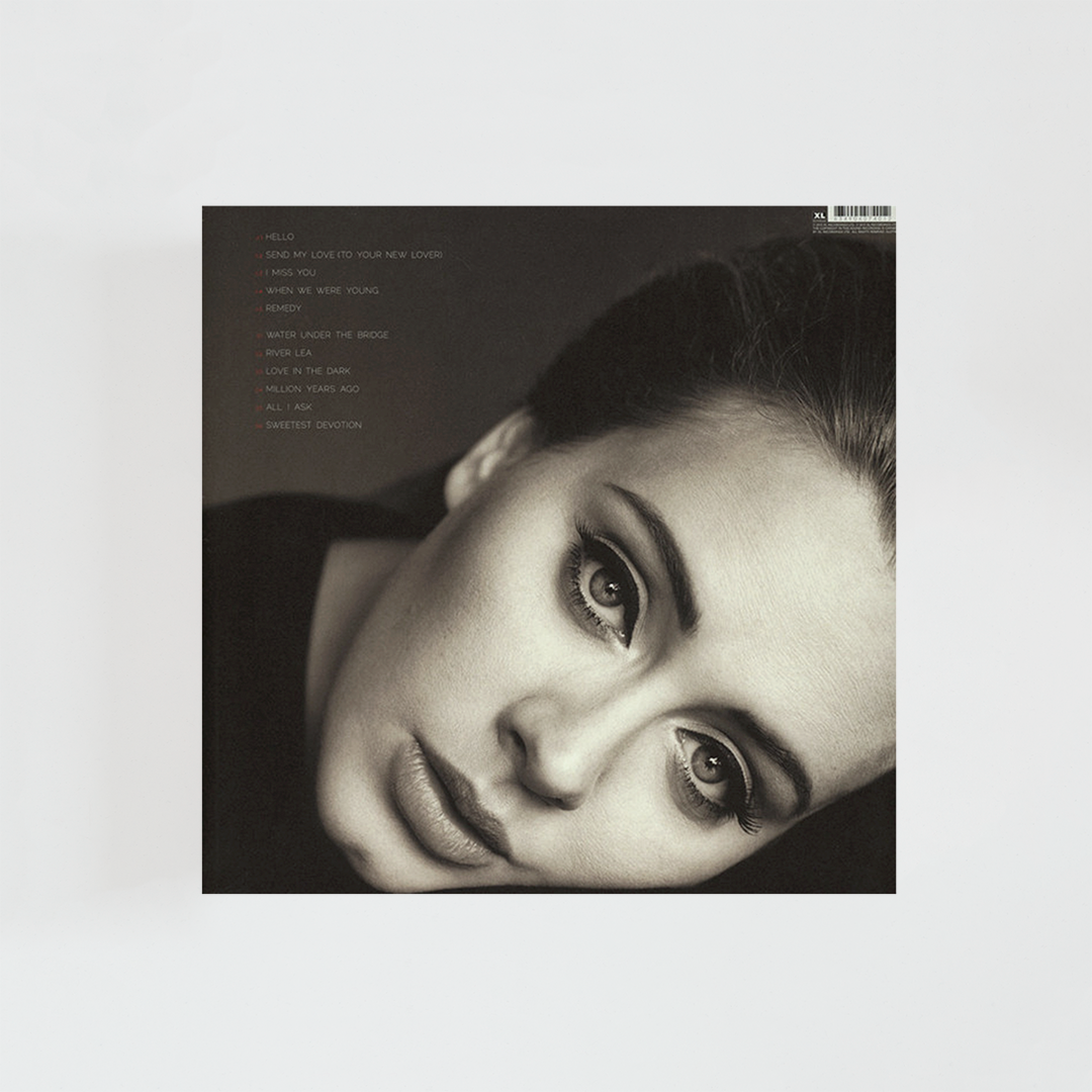 Contraportada del álbum 25 de Adele con el listado de canciones sobre fondo oscuro y un retrato de la cantante en la parte inferior.