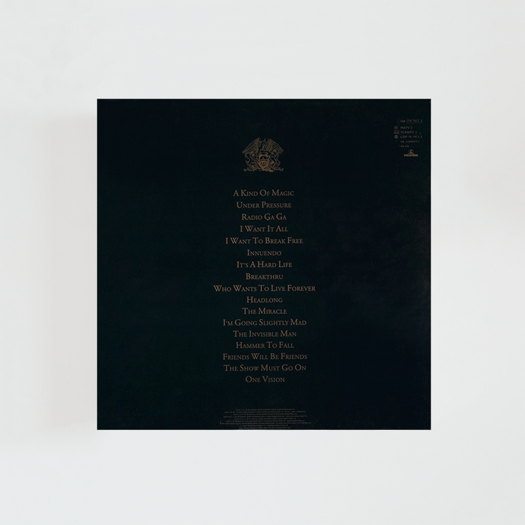 Contraportada del vinilo Greatest Hits II de Queen, mostrando el listado de canciones del álbum recopilatorio de sus grandes éxitos de los años 80, álbum de rock británico de 1991.