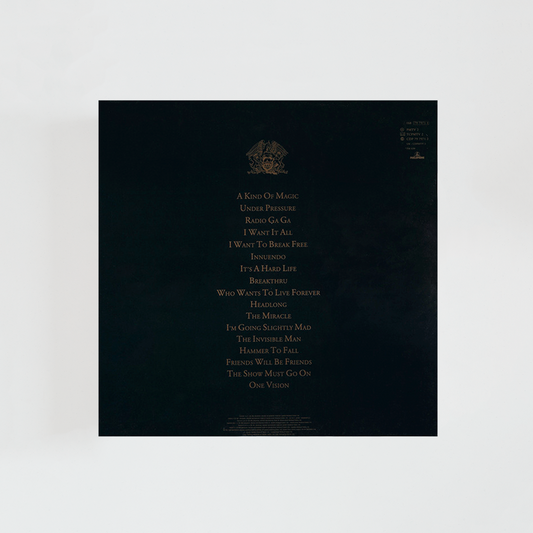 Contraportada del vinilo Greatest Hits II de Queen, mostrando el listado de canciones del álbum recopilatorio de sus grandes éxitos de los años 80, álbum de rock británico de 1991.