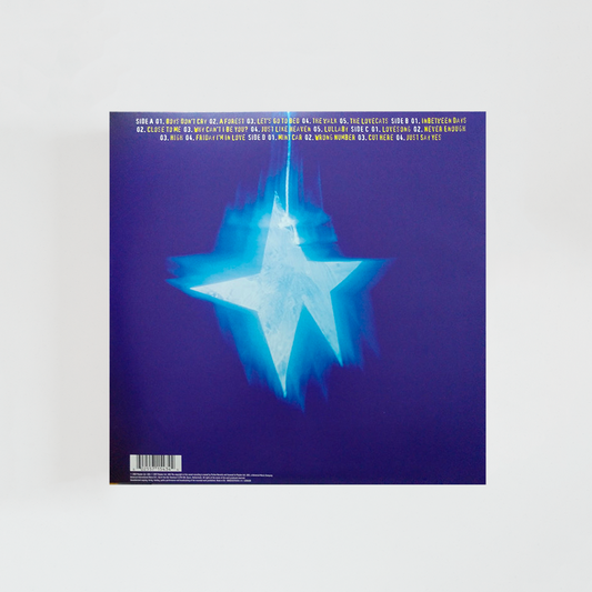 Contraportada del álbum “Greatest Hits” de The Cure, con fondo azul, estrella blanca y listado de las canciones incluidas en el disco, junto con créditos del álbum en tipografía blanca.