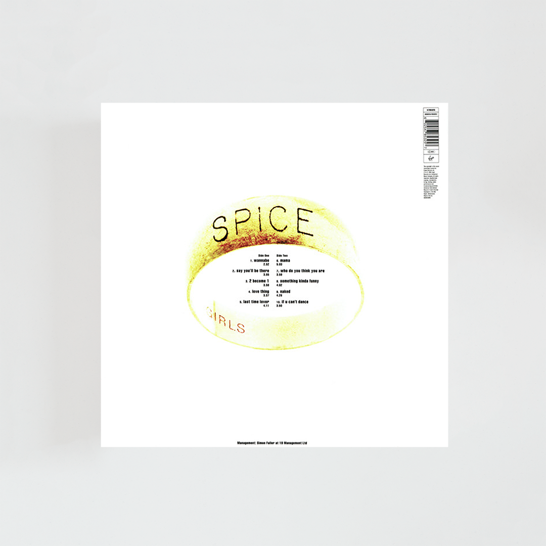 Contraportada del álbum “Spice” de Spice Girls, con anillo dorado y listado de las canciones del disco.