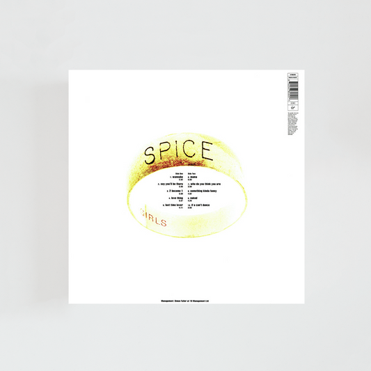 Contraportada del álbum “Spice” de Spice Girls, con anillo dorado y listado de las canciones del disco.