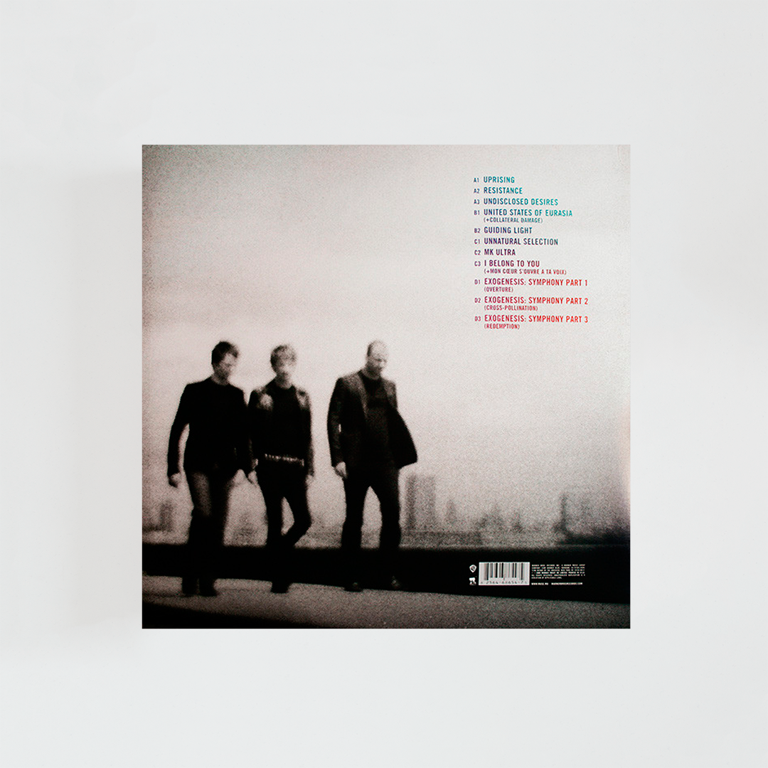Contraportada del disco The Resistance de Muse con lista de canciones y sus tres miembros andando sobre fondo gris.