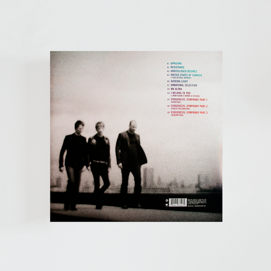 Contraportada del disco The Resistance de Muse con lista de canciones y sus tres miembros andando sobre fondo gris.