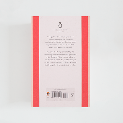 Contraportada del libro Nineteen-Eighty-Four de George Orwell con sinopsis sobre franja de color gris.