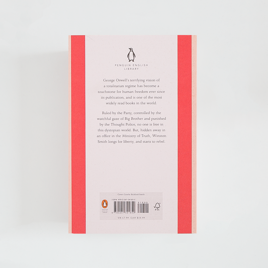 Contraportada del libro Nineteen-Eighty-Four de George Orwell con sinopsis sobre franja de color gris.