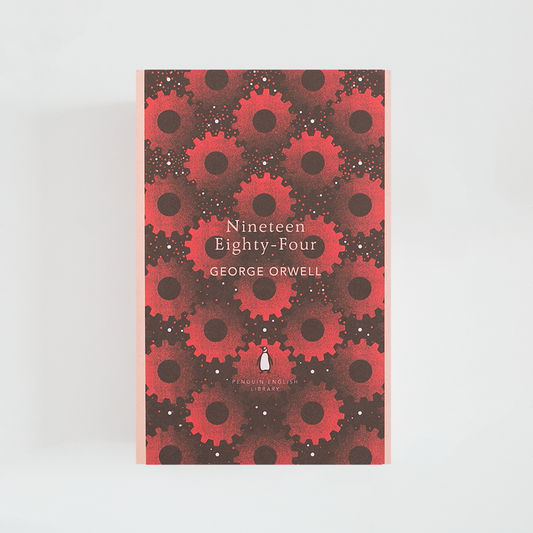Portada del libro Nineteen-Eighty-Four de George Orwell color rojo con estampado de tuercas o engranajes.