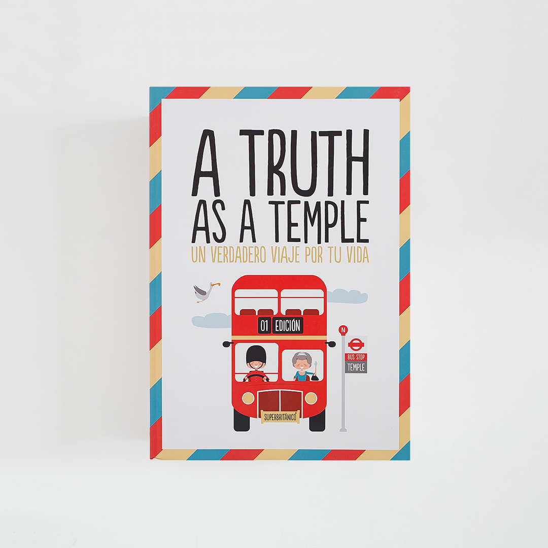 Portada del libro A Truth as a Temple con subtítulo Un verdadero viaje por tu vida de Superbritánico. El libro es blanco con ilustración de autobús inglés y borde de colores.