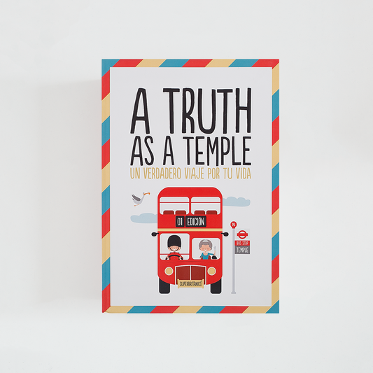 Portada del libro A Truth as a Temple con subtítulo Un verdadero viaje por tu vida de Superbritánico. El libro es blanco con ilustración de autobús inglés y borde de colores.