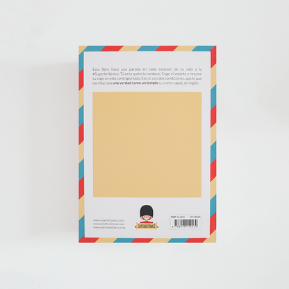 Contraportada del libro A Truth as a Temple con subtítulo Un verdadero viaje por tu vida de Superbritánico. El libro es blanco con ilustración de autobús inglés y borde de colores.