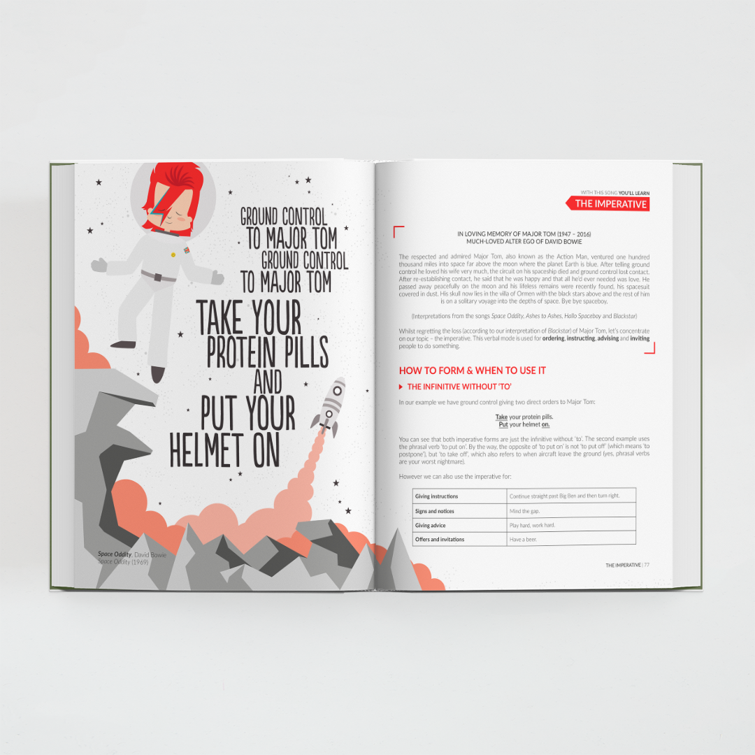 Interior del libro All You Need is English de Superbritánico con canción e ilustración de David Bowie y texto explicativo para aprender inglés.