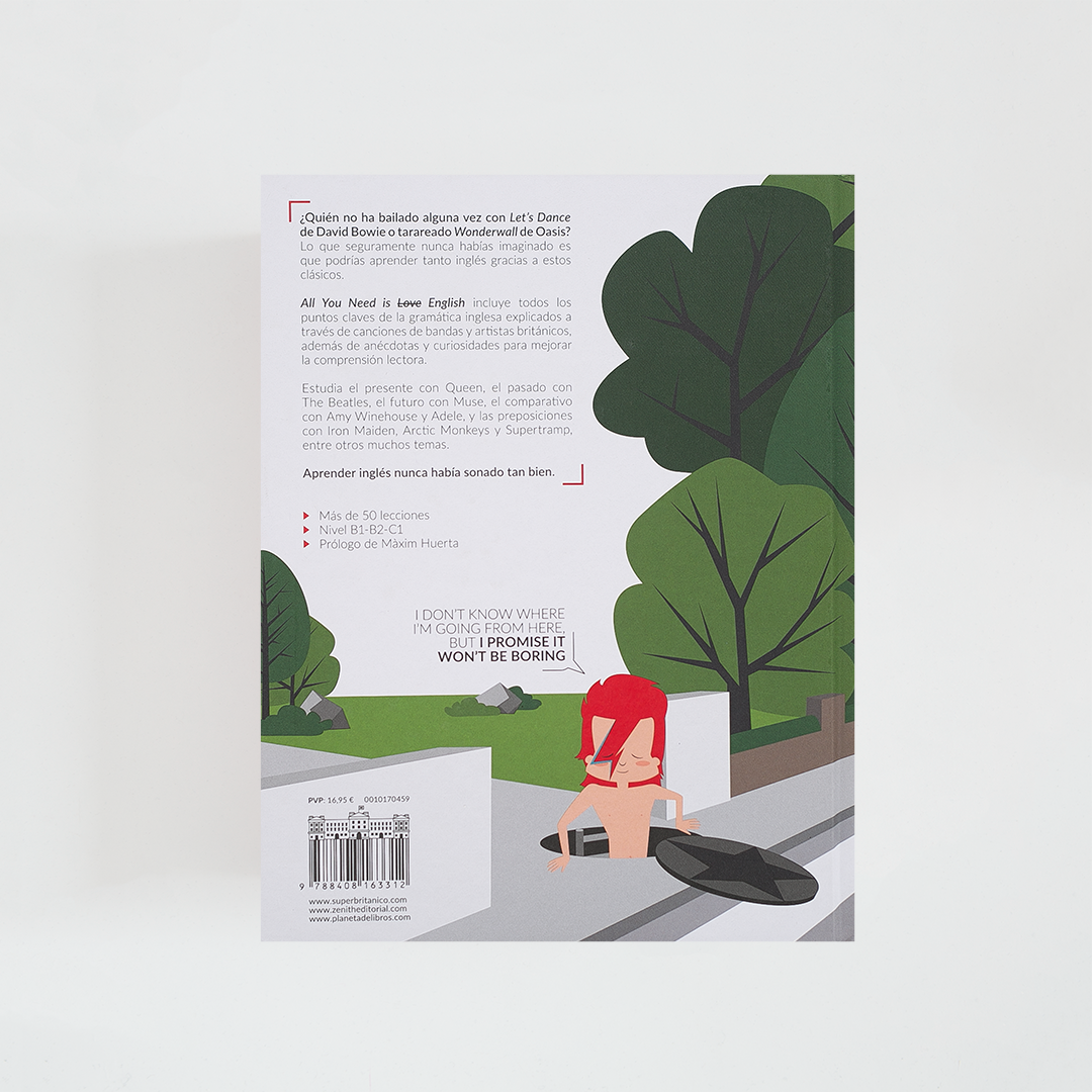 Contraportada del libro All You Need is English de Superbritánico con sinopsis acompañada por ilustración de David Bowie.
