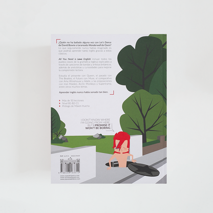 Contraportada del libro All You Need is English de Superbritánico con sinopsis acompañada por ilustración de David Bowie.