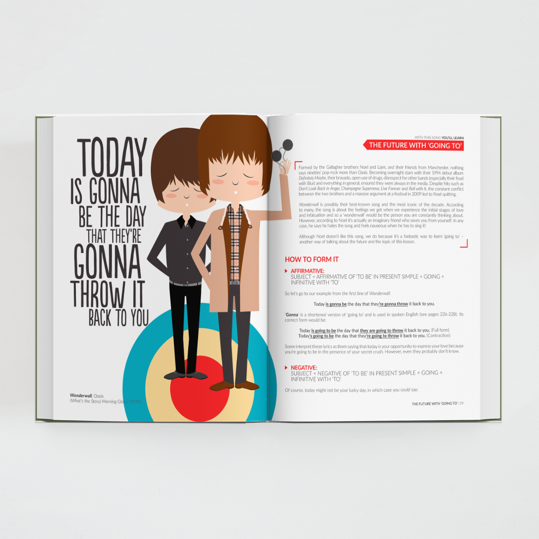 Interior del libro All You Need is English de Superbritánico con canción e ilustración de Oasis y texto explicativo para aprender inglés.