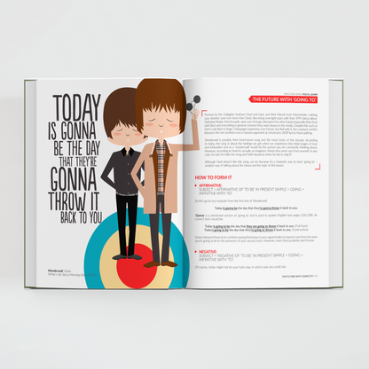 Interior del libro All You Need is English de Superbritánico con canción e ilustración de Oasis y texto explicativo para aprender inglés.