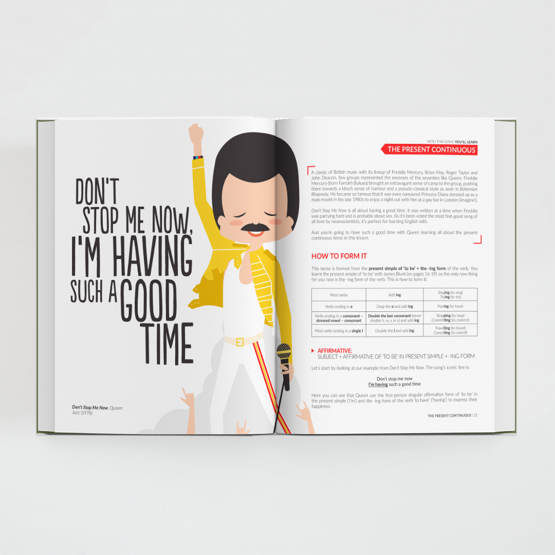 Interior del libro All You Need is English de Superbritánico con canción e ilustración de Queen y texto explicativo para aprender inglés.