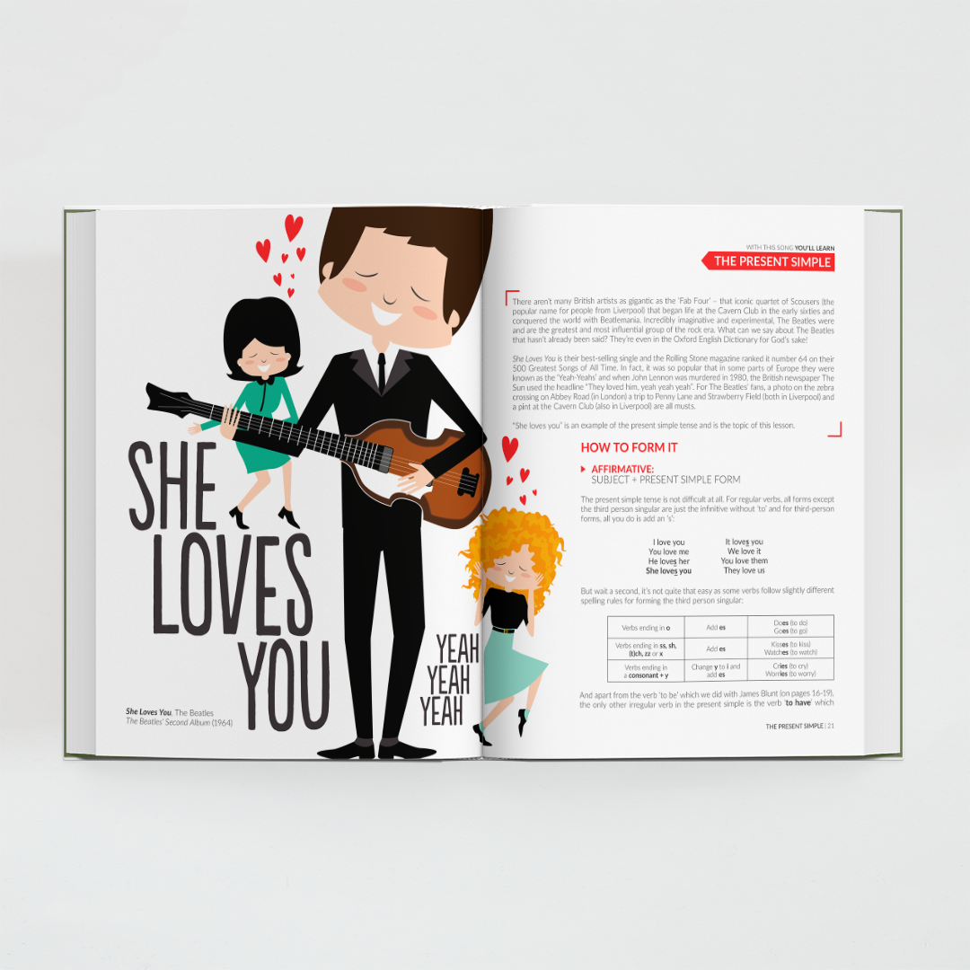 Interior del libro All You Need is English de Superbritánico con canción e ilustración de The Beatles y texto explicativo para aprender inglés.