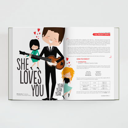 Interior del libro All You Need is English de Superbritánico con canción e ilustración de The Beatles y texto explicativo para aprender inglés.