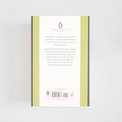 Trasera verde y amarilla con sinopsis del libro en inglés Animal Farm de George Orwell de la colección Penguin English Library sobre fondo blanco.

