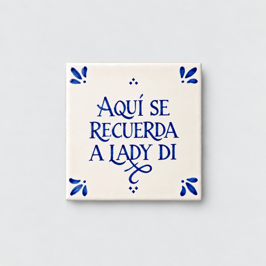 Azulejo decorativo de cerámica blanca con bordes y letras pintadas a mano en azul cobalto. En el centro se lee la frase en español 'AQUÍ SE RECUERDA A LADY DI'. El diseño incluye detalles ornamentales en las esquinas y pequeños puntos decorativos, sobre un fondo de pared blanca con textura rugosa.