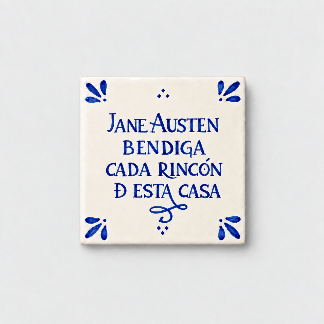 Azulejo decorativo de cerámica blanca con bordes y letras pintadas a mano en azul cobalto. En el centro se lee la frase en español 'JANE AUSTEN BENDIGA CADA RINCÓN DE ESTA CASA'. El diseño incluye detalles ornamentales en las esquinas y pequeños puntos decorativos, sobre un fondo de pared blanca con textura rugosa.