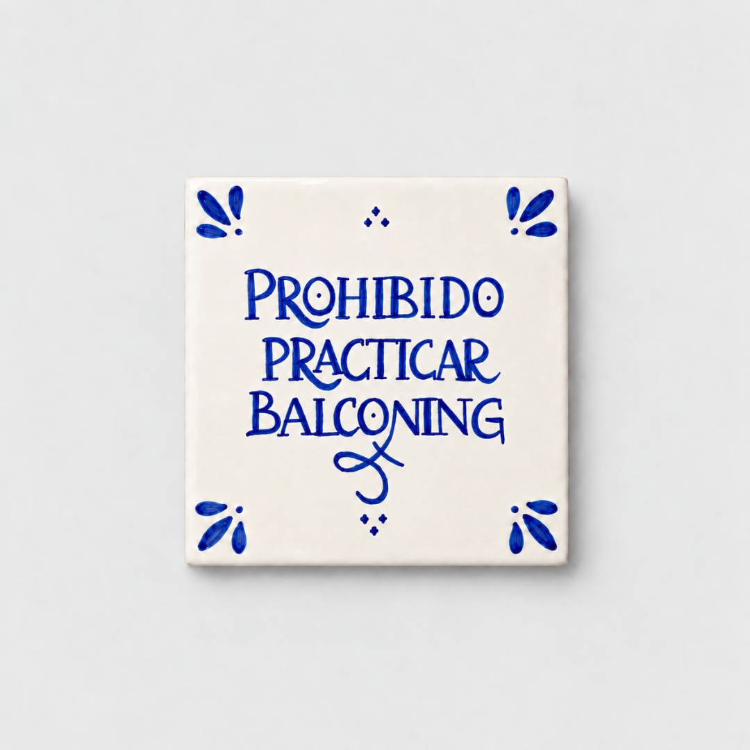 Azulejo decorativo de cerámica blanca con bordes y letras pintadas a mano en azul cobalto. En el centro se lee la frase en español 'PROHIBIDO PRACTICAR BALCONING'. El diseño incluye detalles ornamentales en las esquinas y pequeños puntos decorativos, sobre un fondo de pared blanca con textura rugosa.