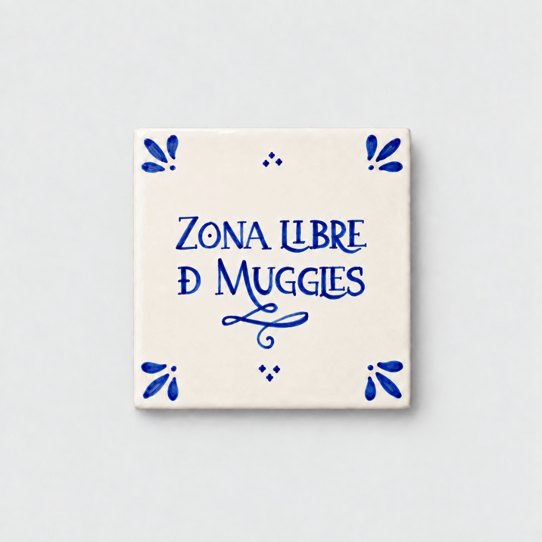Azulejo decorativo de cerámica blanca con bordes y letras pintadas a mano en azul cobalto. En el centro se lee la frase en español 'ZONA LIBRE DE MUGGLES'. El diseño incluye detalles ornamentales en las esquinas y pequeños puntos decorativos, sobre un fondo de pared blanca con textura rugosa.