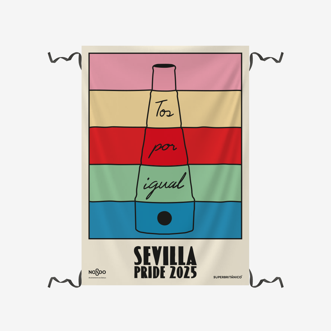 Balconera inspirada en el cartel del orgullo de Sevilla de 2025 con diseño de incensario con lema tos por igual sobre fondo de colores. La balconera tiene cuatro cintas negras para anudar al balcón.
