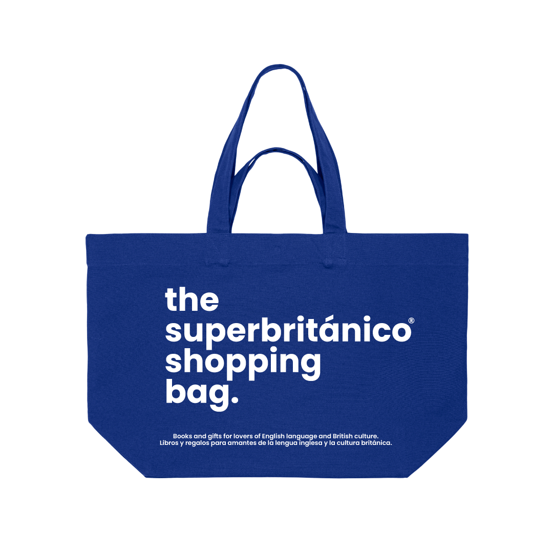 Bolsa grande de color azul con texto y descripción serigrafiada en color blanco. Tiene dos asas, una pequeña y una grande.
