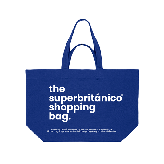 Bolsa grande de color azul con texto y descripción serigrafiada en color blanco. Tiene dos asas, una pequeña y una grande.