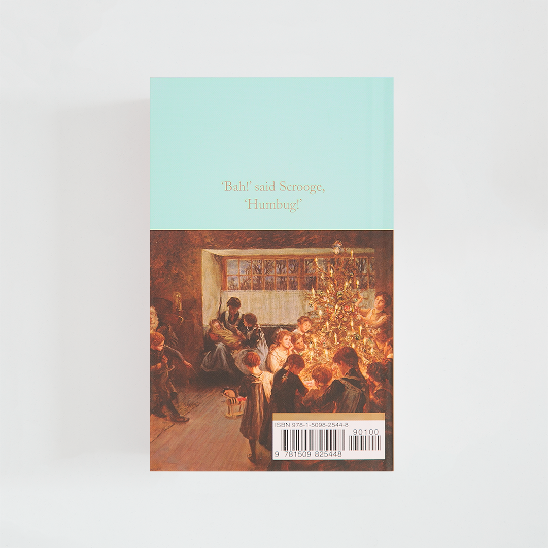 Trasera del libro A Christmas Carol de Charles Dickens (The Collector's Library) de color celeste acompañada de imagen inspirada en la novela.