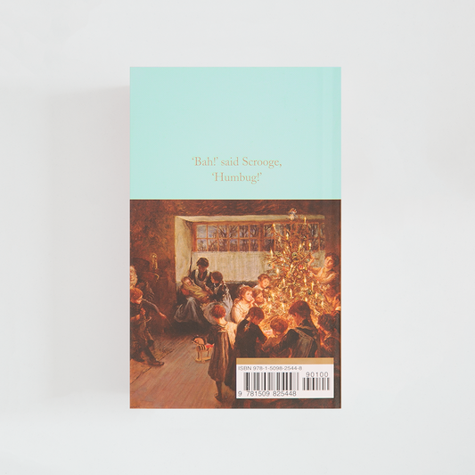 Trasera del libro A Christmas Carol de Charles Dickens (The Collector's Library) de color celeste acompañada de imagen inspirada en la novela.