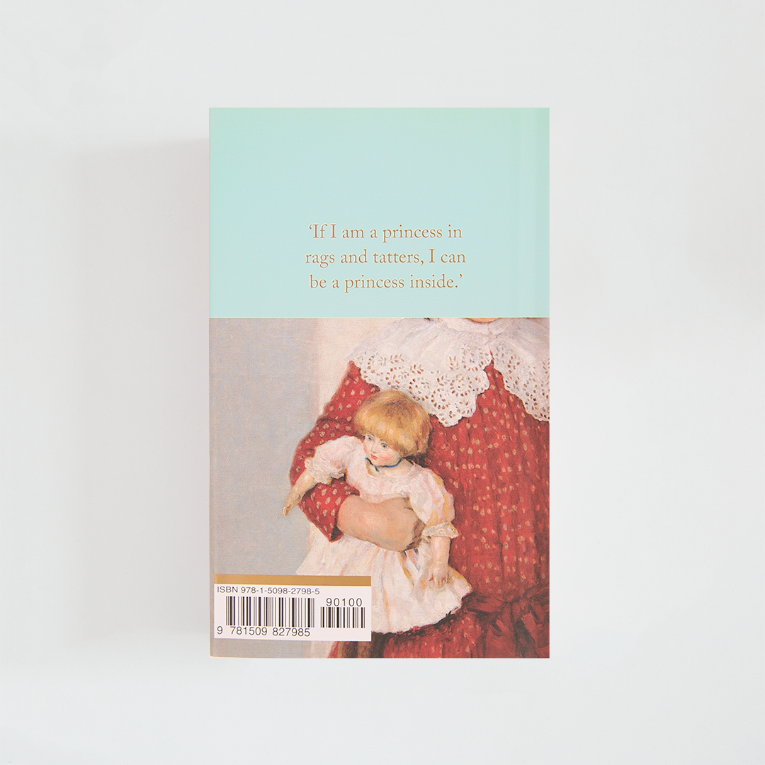 Trasera del libro A Little Princess de Frances Hodgson Burnett (The Collector's Library) de color celeste acompañada de imagen inspirada en la novela.