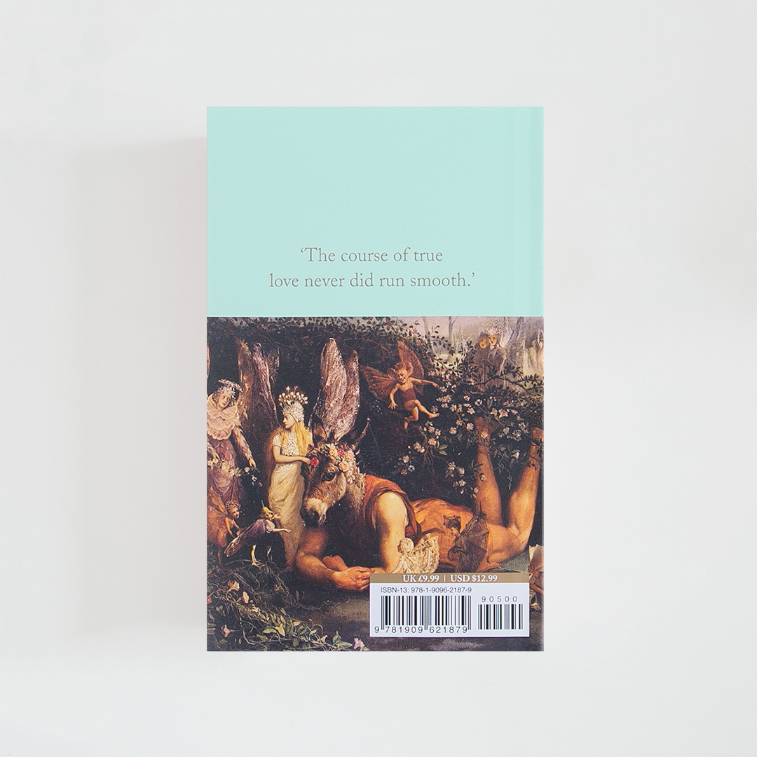Trasera del libro A Midsummer Night's Dream de William Shakespeare (The Collector's Library) de color celeste acompañada de imagen inspirada en la novela.