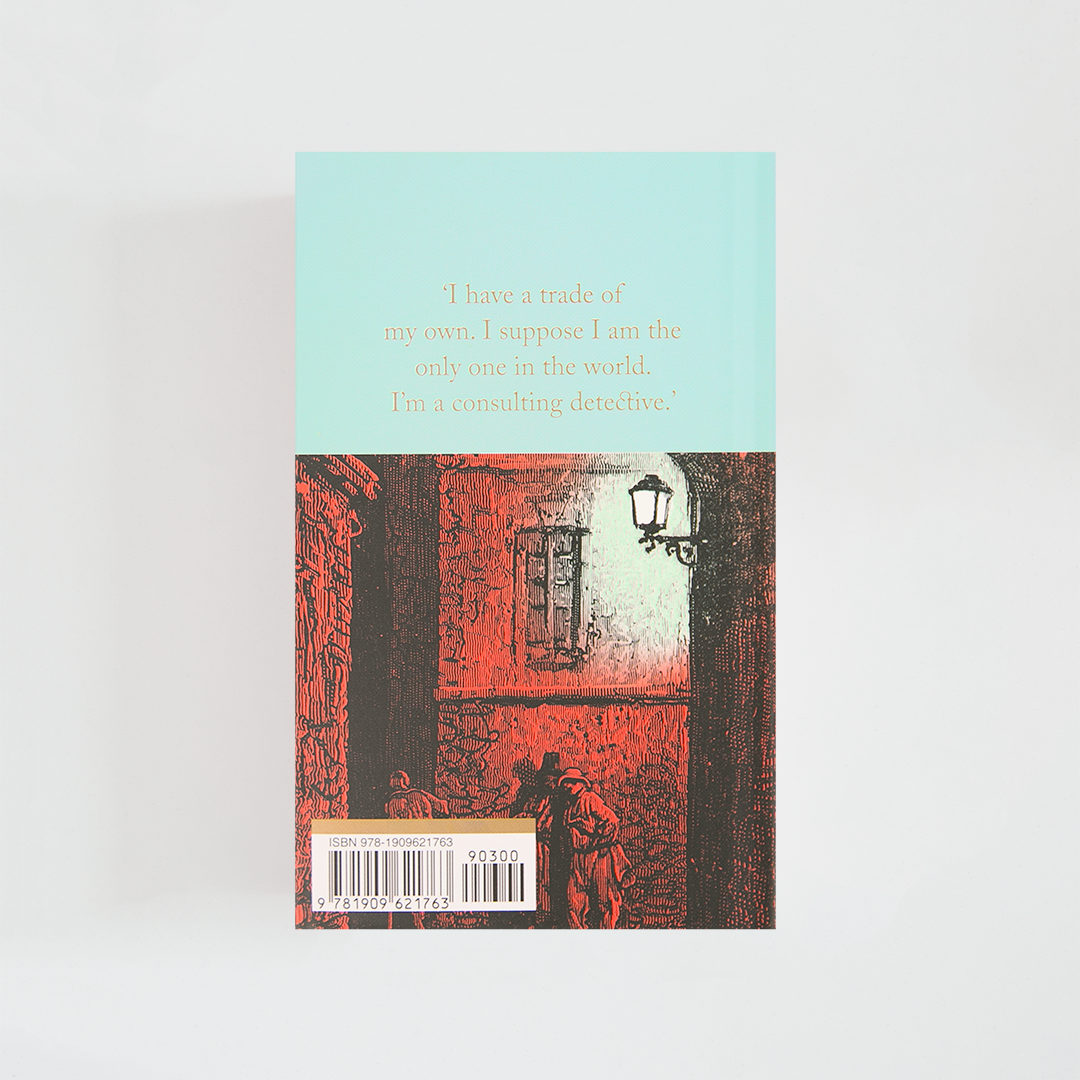 Trasera del libro A Study in Scarlet & The Sign of the Four de Arthur Conan Doyle (The Collector's Library) de color celeste acompañada de imagen inspirada en la novela.