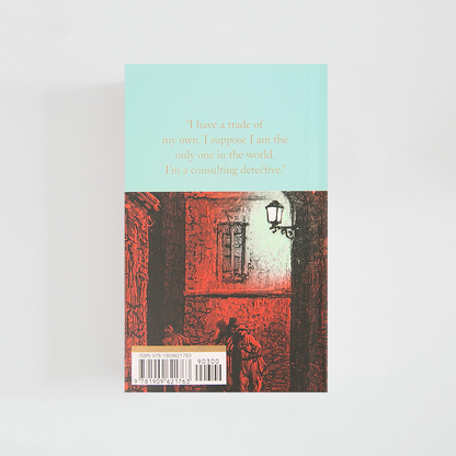 Trasera del libro A Study in Scarlet & The Sign of the Four de Arthur Conan Doyle (The Collector's Library) de color celeste acompañada de imagen inspirada en la novela.
