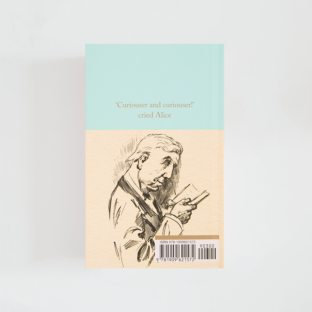 Trasera del libro Alice's Adventures in Wonderland & Through the Looking-Glass de Lewis Carroll (The Collector's Library) de color celeste acompañada de imagen inspirada en la novela.