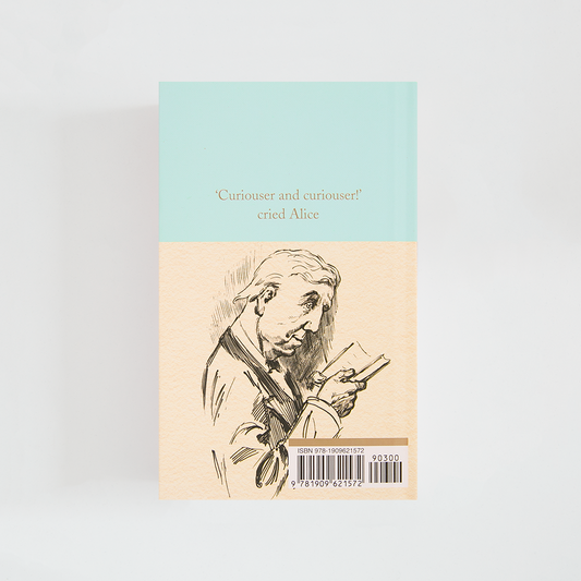 Trasera del libro Alice's Adventures in Wonderland & Through the Looking-Glass de Lewis Carroll (The Collector's Library) de color celeste acompañada de imagen inspirada en la novela.