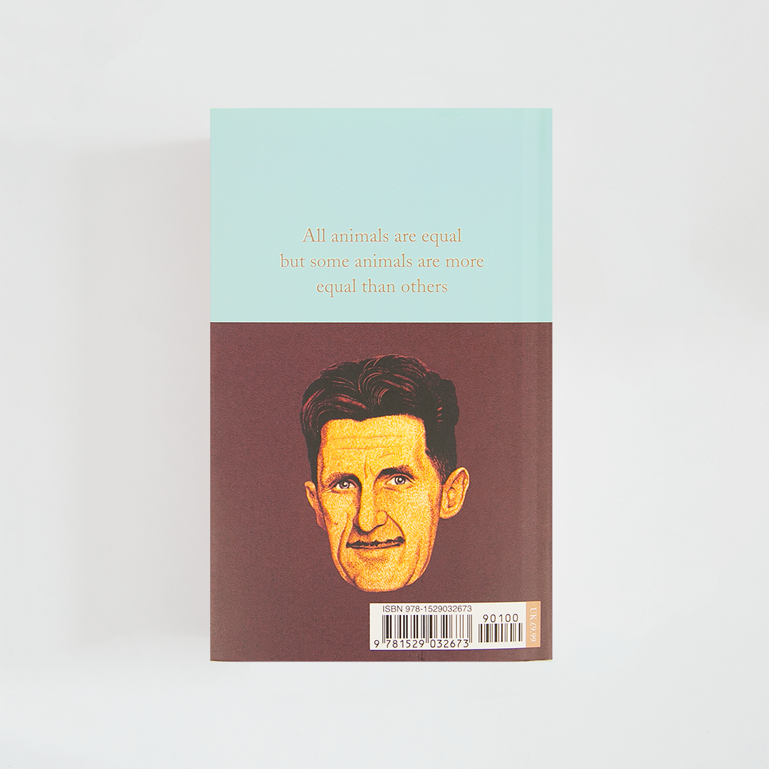 Trasera del libro Animal Farm de George Orwell (The Collector's Library) de color celeste acompañada de imagen inspirada en la novela.