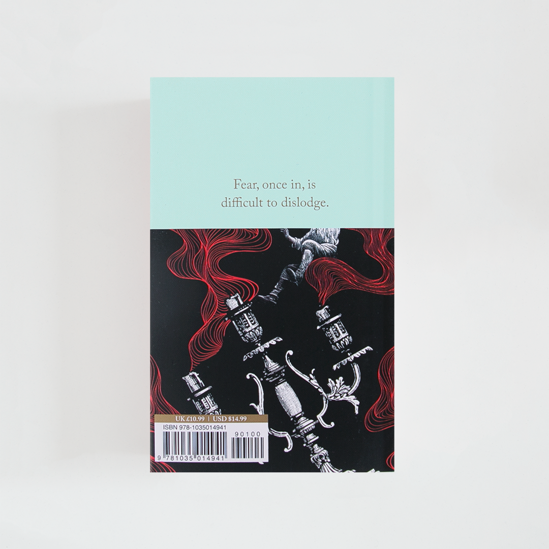 Trasera del libro Classic Horror Stories de David Stuart Davies (The Collector's Library) de color celeste acompañada de imagen inspirada en la novela.
