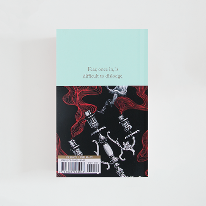 Trasera del libro Classic Horror Stories de David Stuart Davies (The Collector's Library) de color celeste acompañada de imagen inspirada en la novela.