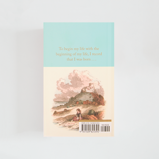 Trasera del libro David Copperfield de Charles Dickens (The Collector's Library) de color celeste acompañada de imagen inspirada en la novela.