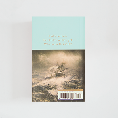 Trasera del libro Dracula de Bram Stoker (The Collector's Library) de color celeste acompañada de imagen inspirada en la novela.
